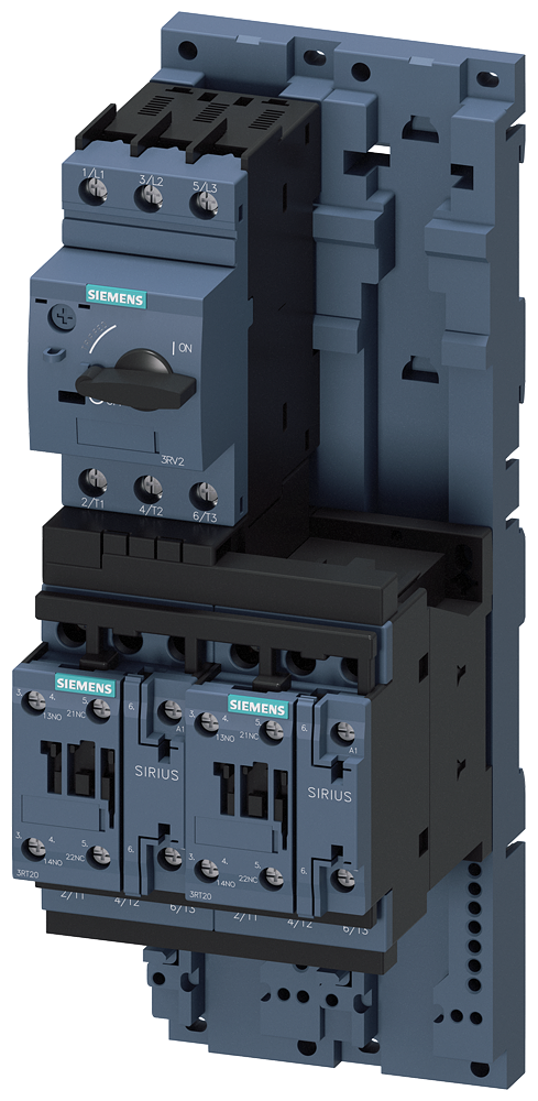 Siemens SIRIUS Load feeder fuseless, Reversing duty 400 V AC, Size S0 9.00...12.5 A 230 V AC screw terminal for installation on standard mounting rail with standard mounting rail adapter (also fulfills type of coordination 1) Type of coordination 2, Iq = 150 kA 1 NO+1 NC (contactor) (3RA2220-1KB24-0AP0)