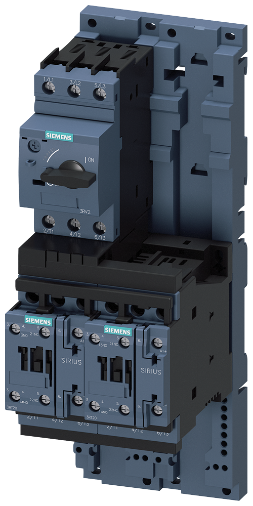 Siemens SIRIUS Load feeder fuseless, Reversing duty 400 V AC, Size S0 27.0...32.0 A 24 V DC screw terminal for installation on standard mounting rail with standard mounting rail adapter (also fulfills type of coordination 1) Type of coordination 2, Iq = 150 kA 1 NO+1 NC (contactor) (3RA2220-4EB27-0BB4)