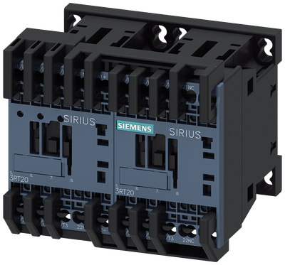 Siemens SIRIUS Reversing contactor assembly, AC-3E/AC-3, 7 A, 3 kW / 400 V, 3-Pole, 24 V DC, spring-loaded terminal, electrical and mechanical interlock, with voltage tap for 3RA27