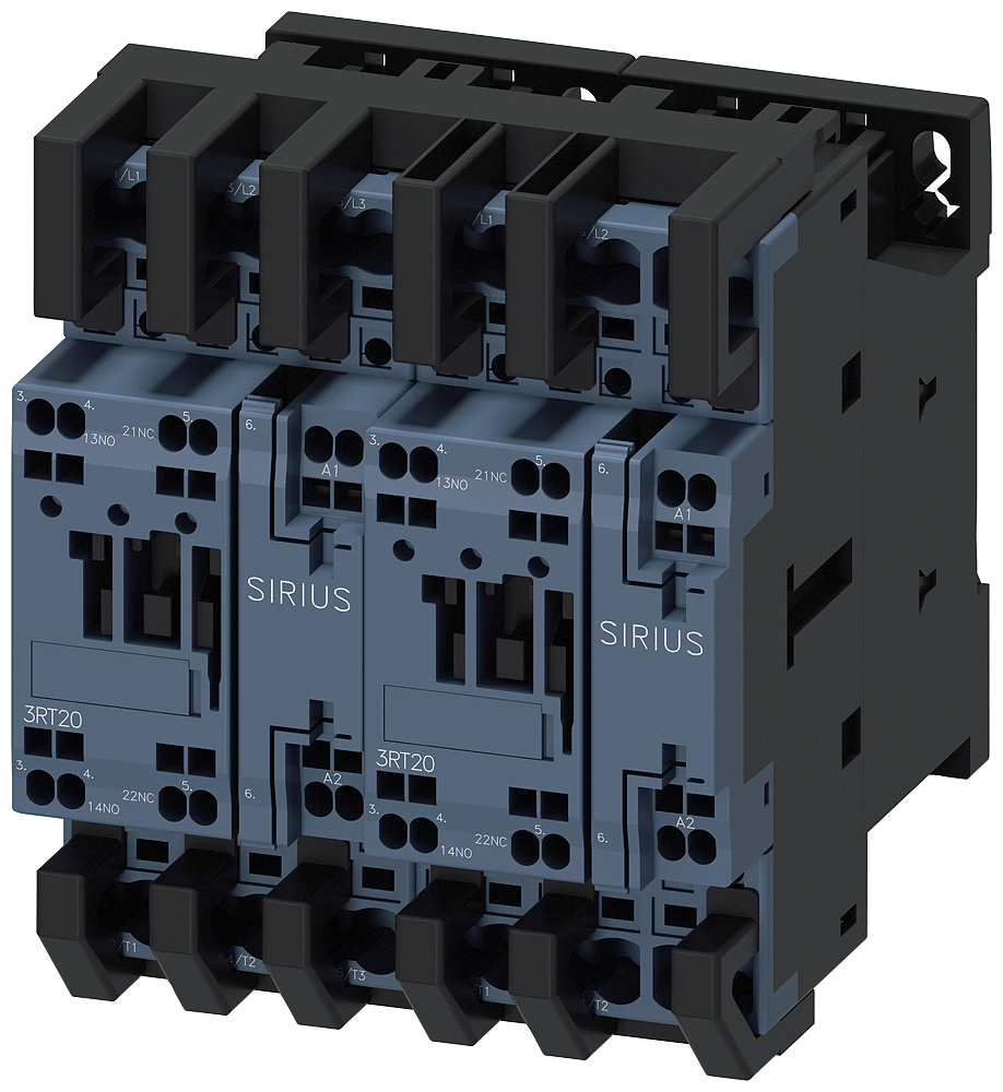 Siemens SIRIUS Reversing contactor assembly, AC-3E/AC-3, 17 A, 7.5 kW / 400 V, 3-Pole, 24 V AC, 50/60 Hz, spring-loaded terminal, electrical and mechanical interlock, auxiliary contacts: 2 x 1 NO (3RA2325-8XB30-2AC2)