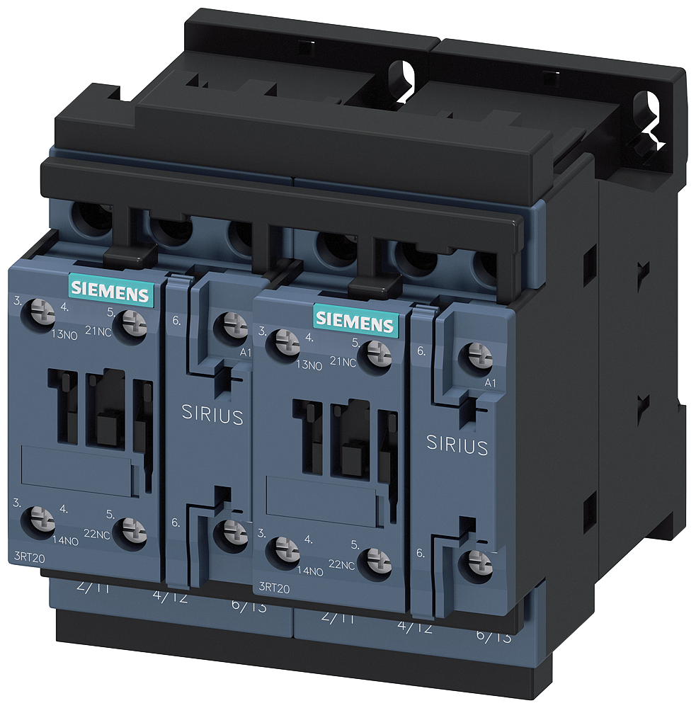 Siemens SIRIUS Reversing Contactor Assembly, AC-3E/AC-3, 25 A, 11 kW / 400 V, 3-Pole, 24 V AC, Size S0, screw terminal, electrical and mechanical interlock, auxiliary contacts: 2 NO (3RA2326-8XB30-1AC2)