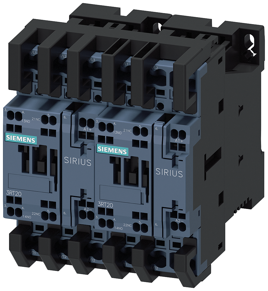 Siemens SIRIUS Reversing contactor assembly, AC-3E/AC-3, 38 A, 18.5 kW / 400 V, 3-Pole, 24 V DC, spring-loaded terminal, electrical and mechanical interlock, auxiliary contacts: 2 x 1 NO (3RA2328-8XB30-2BB4)