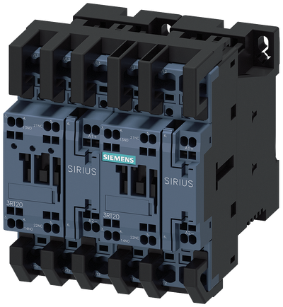 Siemens SIRIUS Reversing contactor assembly, AC-3E/AC-3, 38 A, 18.5 kW / 400 V, 3-Pole, 24 V DC, spring-loaded terminal, electrical and mechanical interlock, auxiliary contacts: 2 x 1 NO, with voltage tap for 3RA27