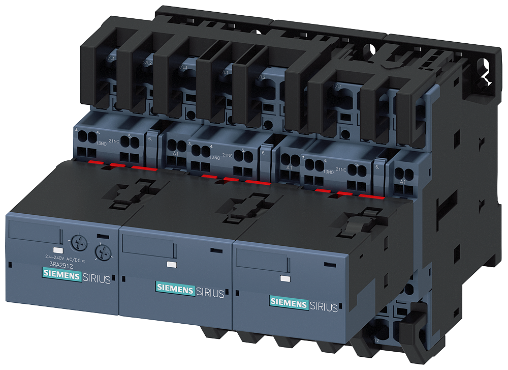 Siemens SIRIUS Contactor assembly for star-delta (wye-delta) start AC-3, 11 kW/400 V, 230 V AC 50/60 Hz, 3-Pole, size S0 Spring-type terminals electrical and mechanical interlock 3 NO + 3 NC integrated (3RA2423-8XF32-2AL2)