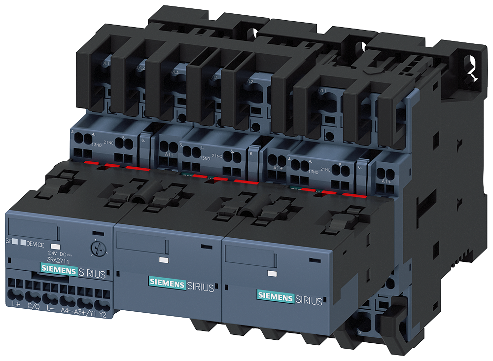 Siemens SIRIUS Contactor assembly for star-delta (wye-delta) start, I/O-Link AC-3, 22 kW/400 V, 24 V DC 3-Pole, size S0 Spring-type terminals electrical and mechanical interlock 3 NO + 3 NC integrated (3RA2426-8XE32-2BB4)