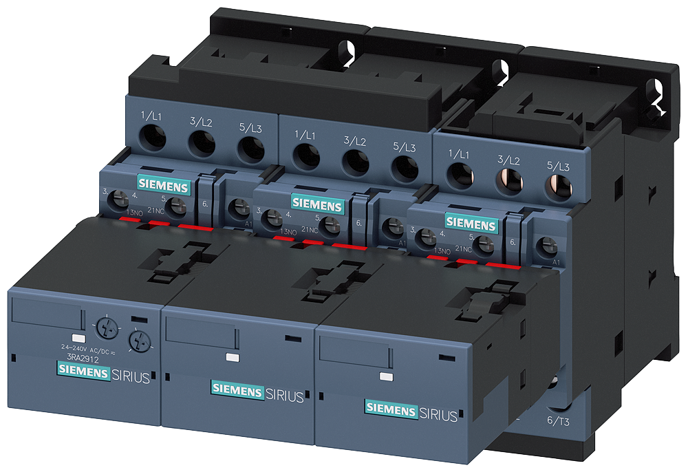 Siemens SIRIUS Contactor assembly for star-delta (wye-delta) start AC-3, 22 kW/400 V, 230 V AC 50/60 Hz, 3-Pole, size S0 screw terminals electrical and mechanical interlock 3 NO + 3 NC integrated (3RA2426-8XF32-1AL2)