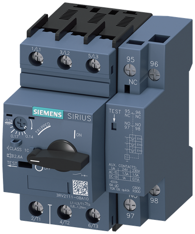 Siemens SIRIUS 3RV20 motor protection circuit breaker, frame size S00 3RV2111-0BA10