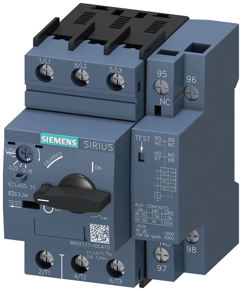 Siemens SIRIUS 3RV20 motor protection circuit breaker, frame size S00 3RV2111-0CA10
