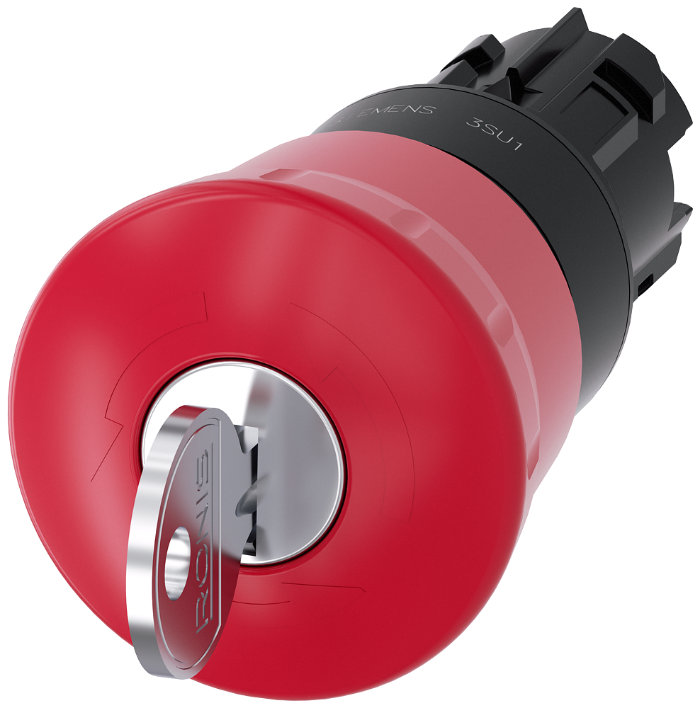 Siemens SIRIUS ACT EMERGENCY STOP mushroom pushbutton, 22 mm, round, plastic, red, 40 mm, with RONIS lock, lock number SB30, positive latching, acc. to EN ISO 13850, key-operated release (3SU1000-1HF20-0AA0)