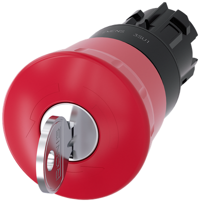 Siemens SIRIUS ACT EMERGENCY STOP mushroom pushbutton, 22 mm, round, plastic, red, 40 mm, with RONIS lock, lock number SB30, positive latching, acc. to EN ISO 13850, key-operated release