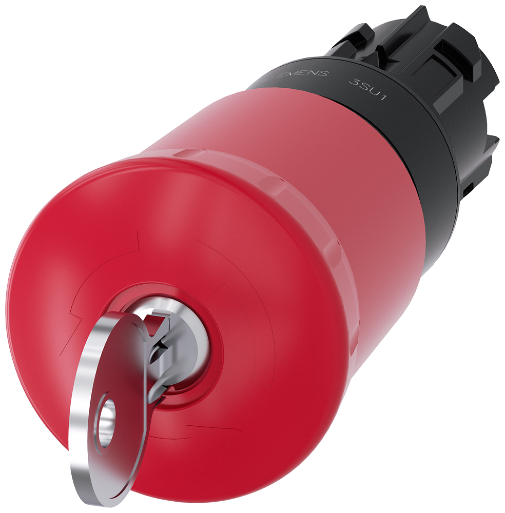 Siemens SIRIUS ACT EMERGENCY-OFF mushroom pushbutton, 22 mm, round, plastic, red, 40 mm, with Siemens lock, C, lock number S-10-CG, positive latching, according to DIN EN ISO 13850, key-operated release (3SU1000-1HR20-0AA0)