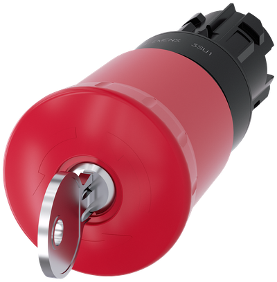Siemens SIRIUS ACT EMERGENCY-OFF mushroom pushbutton, 22 mm, round, plastic, red, 40 mm, with Siemens lock, C, lock number S-10-CG, positive latching, according to DIN EN ISO 13850, key-operated release
