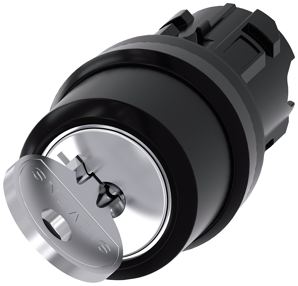 Siemens SIRIUS RONIS key-operated switch, 22 mm, round, plastic, lock number SB30, with 2 keys, 2 switch positions O<I, momentary contact type, Actuating angle 45°, 10:30H/12H, key removal O, possible special locks: SB31, 421, 455 (3SU1000-4BC01-0AA0)