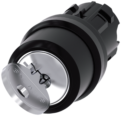 Siemens SIRIUS RONIS key-operated switch, 22 mm, round, plastic, lock number SB30, with 2 keys, 2 switch positions O<I, momentary contact type, Actuating angle 45°, 10:30H/12H, key removal O, possible special locks: SB31, 421, 455