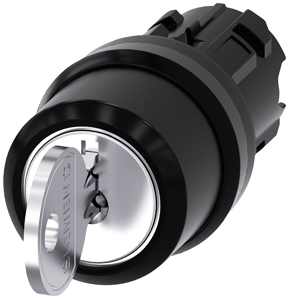 Siemens SIRIUS RONIS key-operated switch, 22 mm, round, plastic, lock number SB30, with 2 keys, 3 switch positions I-O-II, latching, actuating angle 2X45°, 10:30H/12H/13:30H, Key removal I+O+II, possible special locks: SB31, 421, 455 (3SU1000-4BL11-0AA0)
