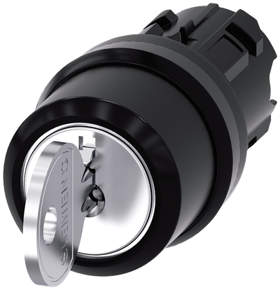 Siemens SIRIUS RONIS key-operated switch, 22 mm, round, plastic, lock number SB30, with 2 keys, 3 switch positions I-O-II, latching, actuating angle 2X45°, 10:30H/12H/13:30H, Key removal I+O+II, possible special locks: SB31, 421, 455