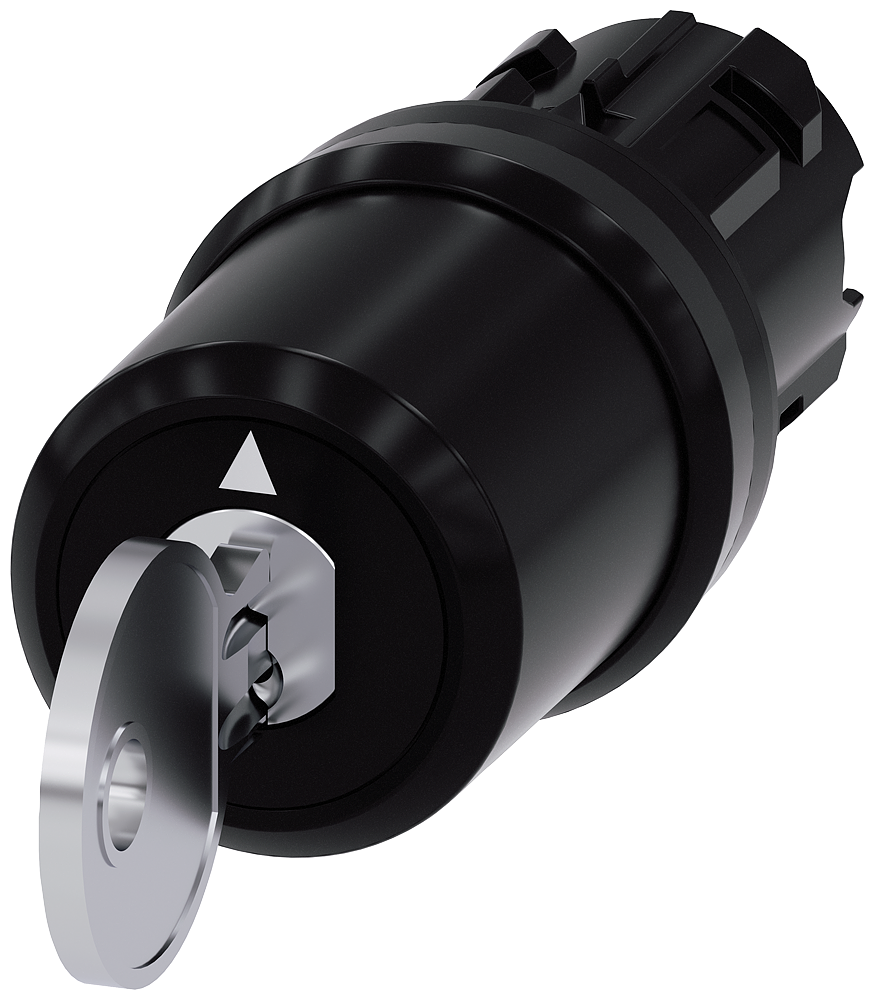 Siemens SIRIUS ACT Siemens keyswitch, C, 22 mm, round, plastic, lock number S-10-CG, with 2 keys, 3 switch positions I-O-II, latching, actuating angle 2X45°, 10:30H/12H/13:30H, key removal I+O+II (3SU1000-5BL11-0AA0)