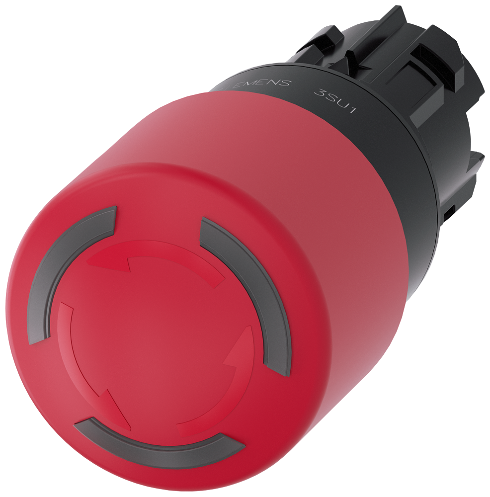 Siemens SIRIUS ACT EMERGENCY STOP mushroom pushbutton, illuminable, 22 mm, round, plastic, red, 30 mm, positive latching, acc. to EN ISO 13850, rotate-to-unlatch (3SU1001-1GB20-0AA0)