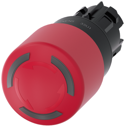 Siemens SIRIUS ACT EMERGENCY STOP mushroom pushbutton, illuminable, 22 mm, round, plastic, red, 30 mm, positive latching, acc. to EN ISO 13850, rotate-to-unlatch