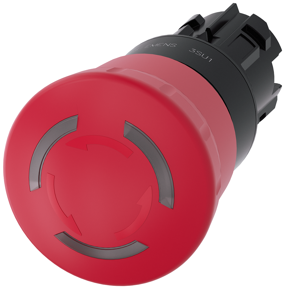 Siemens SIRIUS ACT EMERGENCY STOP mushroom pushbutton, illuminable, 22 mm, round, plastic, red, 40 mm, positive latching, acc. to EN ISO 13850, rotate-to-unlatch (3SU1001-1HB20-0AA0)