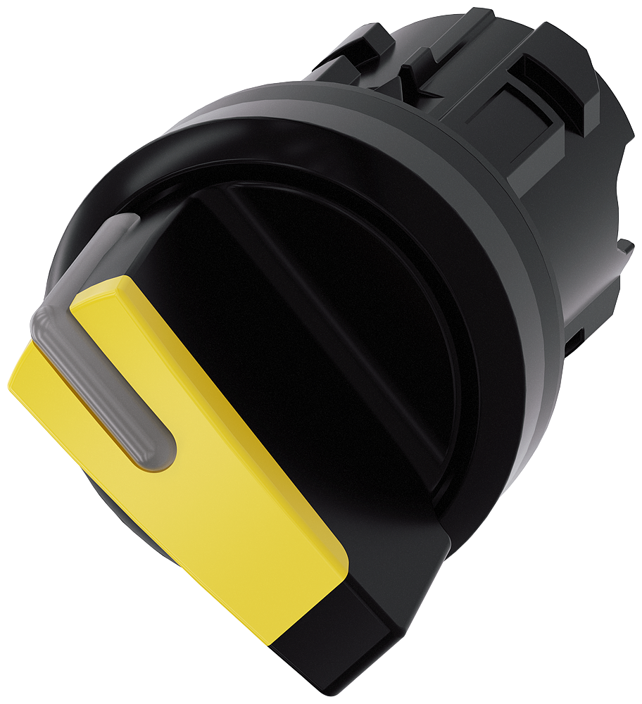 Siemens SIRIUS Selector switch, illuminable, 22 mm, round, plastic, yellow, selector switch, short, 2 switch positions O-I, latching, actuating angle 90°, 10:30H/13:30H (3SU1002-2BF30-0AA0)