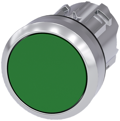Siemens SIRIUS ACT Pushbutton, 22 mm, round, metal, shiny, green, pushbutton, flat, latching, Push-to-release mechanism