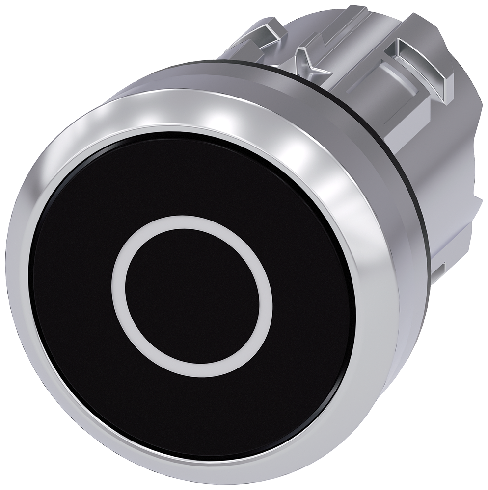 Siemens SIRIUS Pushbutton, 22 mm, round, metal, shiny, black, inscription: O, pushbutton, flat momentary contact type (3SU1050-0AB10-0AD0)