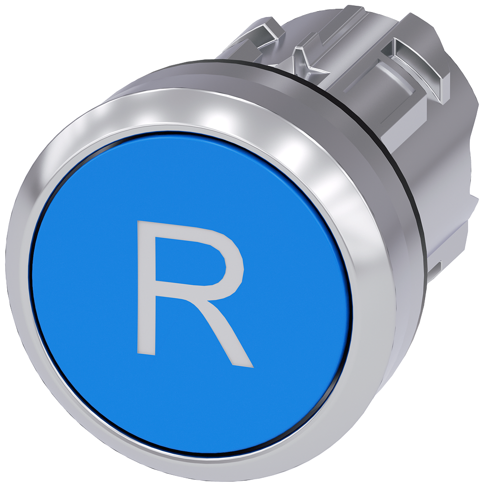 Siemens SIRIUS Pushbutton, 22 mm, round, metal, shiny, blue, inscription: R, pushbutton, flat momentary contact type (3SU1050-0AB50-0AR0)