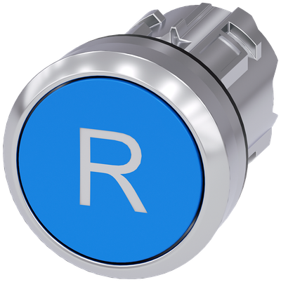 Siemens SIRIUS Pushbutton, 22 mm, round, metal, shiny, blue, inscription: R, pushbutton, flat momentary contact type
