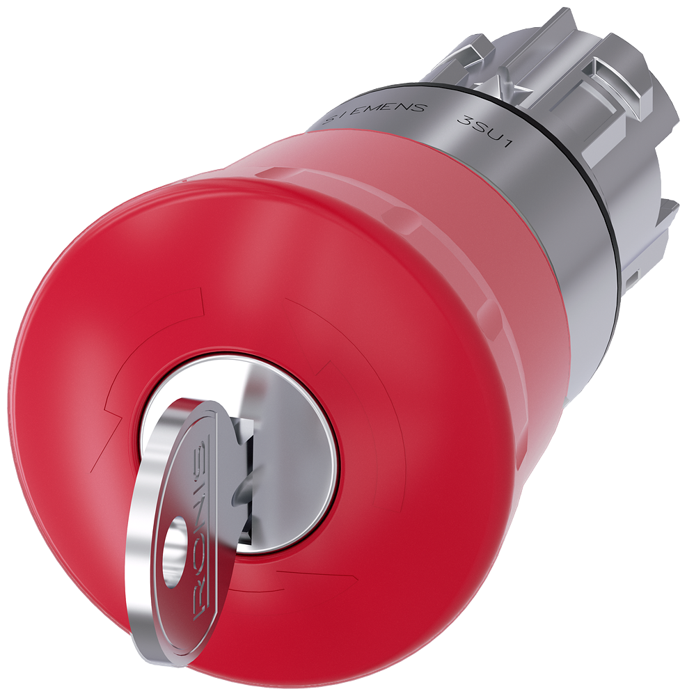 Siemens SIRIUS ACT EMERGENCY STOP mushroom pushbutton, 22 mm, round, metal, shiny, red, 40 mm, with RONIS lock, lock number SB30, positive latching, acc. to EN ISO 13850, key-operated release (3SU1050-1HF20-0AA0)