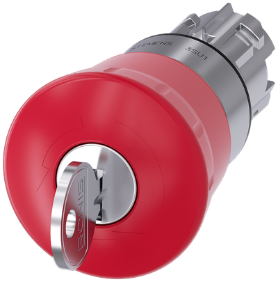Siemens SIRIUS ACT EMERGENCY STOP mushroom pushbutton, 22 mm, round, metal, shiny, red, 40 mm, with RONIS lock, lock number SB30, positive latching, acc. to EN ISO 13850, key-operated release
