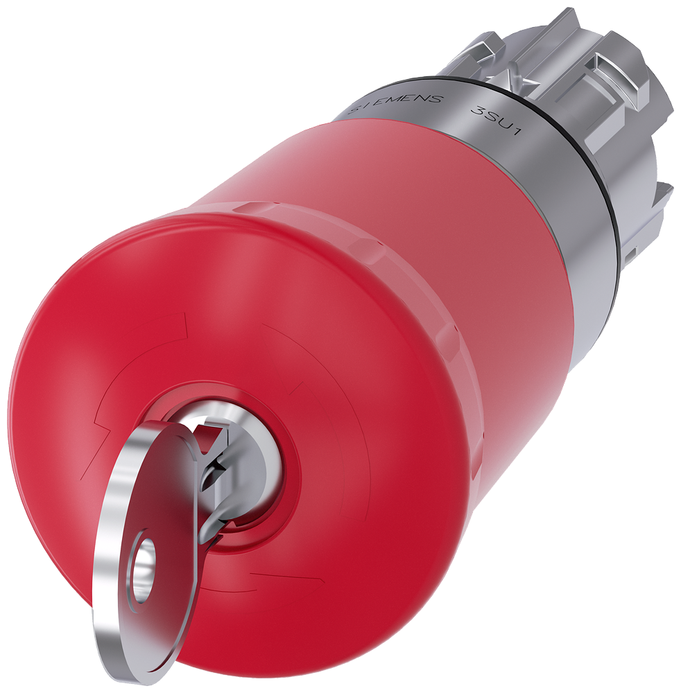 Siemens SIRIUS ACT EMERGENCY-OFF mushroom pushbutton, 22 mm, round, metal, shiny, red, 40 mm, with Siemens lock, C, lock number S-10-CG, positive latching, according to DIN EN ISO 13850, key-operated release (3SU1050-1HR20-0AA0)
