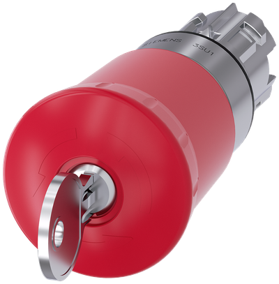 Siemens SIRIUS ACT EMERGENCY-OFF mushroom pushbutton, 22 mm, round, metal, shiny, red, 40 mm, with Siemens lock, C, lock number S-10-CG, positive latching, according to DIN EN ISO 13850, key-operated release