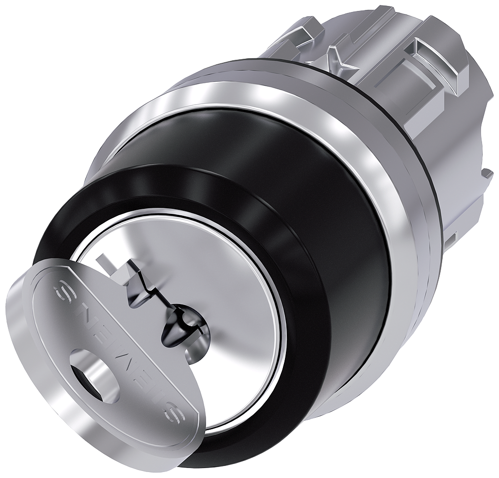Siemens SIRIUS RONIS key-operated switch, 22 mm, round, metal, shiny, lock number SB30, with 2 keys, 2 switch positions O<I, momentary contact type, Actuating angle 45°, 10:30H/12H, key removal O, possible special locks: SB31, 421, 455 (3SU1050-4BC01-0AA0)