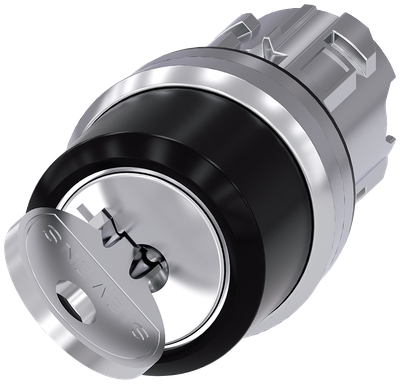 Siemens SIRIUS RONIS key-operated switch, 22 mm, round, metal, shiny, lock number SB30, with 2 keys, 2 switch positions O<I, momentary contact type, Actuating angle 45°, 10:30H/12H, key removal O, possible special locks: SB31, 421, 455
