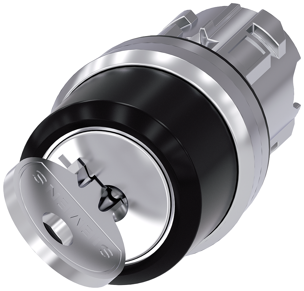 Siemens SIRIUS RONIS key-operated switch, 22 mm, round, metal, shiny, lock number SB30, with 2 keys, 2 switch positions O-I, latching, actuating angle 90°, 10:30H/13:30H, key removal O+I, possible special locks: SB31, 421, 455 (3SU1050-4BF11-0AA0)