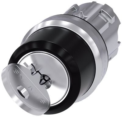 Siemens SIRIUS RONIS key-operated switch, 22 mm, round, metal, shiny, lock number SB30, with 2 keys, 2 switch positions O-I, latching, actuating angle 90°, 10:30H/13:30H, key removal O+I, possible special locks: SB31, 421, 455