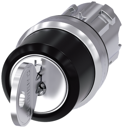 Siemens SIRIUS RONIS key-operated switch, 22 mm, round, metal, shiny, lock number SB30, with 2 keys, 3 switch positions I-O-II, latching, actuating angle 2X45°, 10:30H/12H/13:30H, Key removal I+O+II, possible special locks: SB31, 421, 455