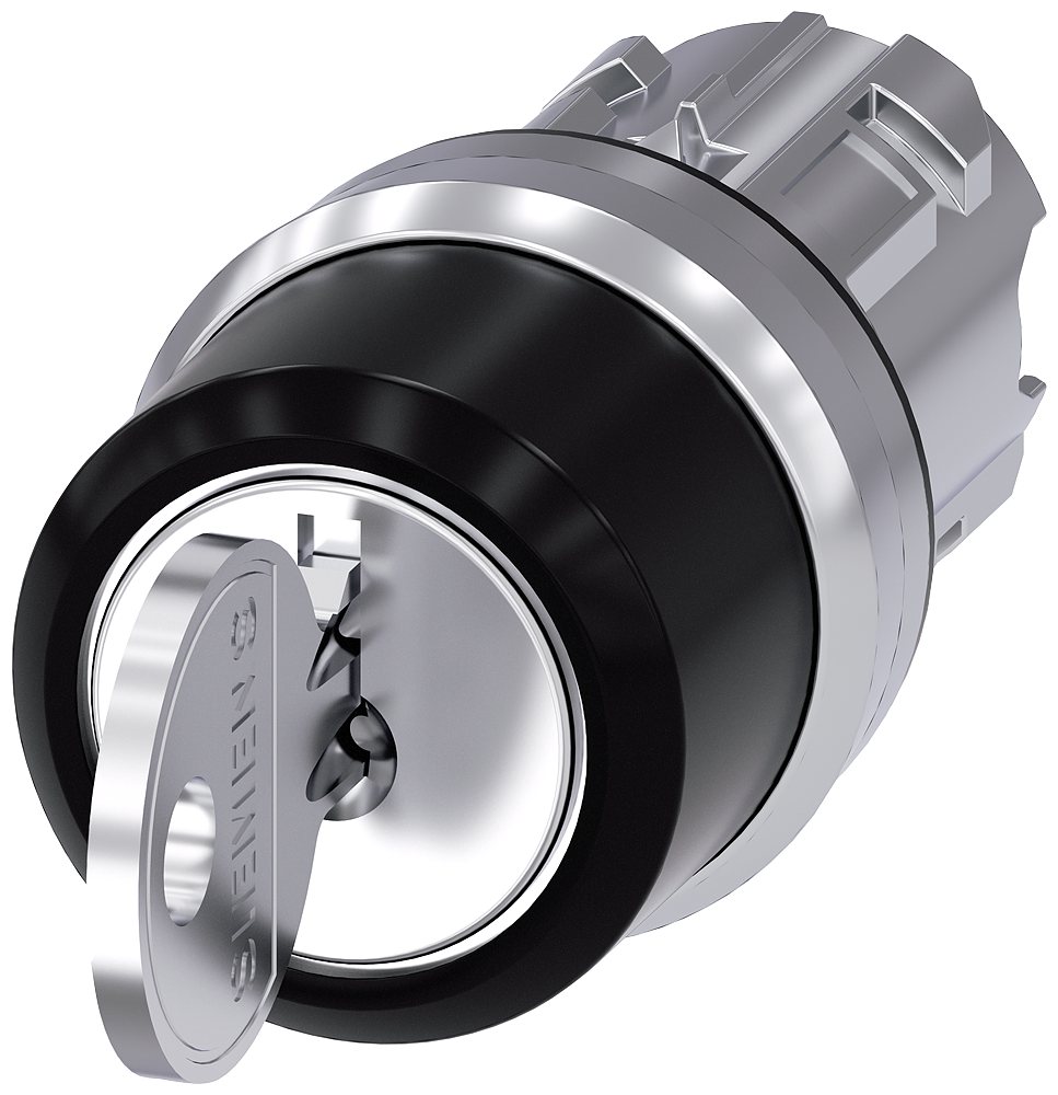 Siemens SIRIUS RONIS key-operated switch, 22 mm, round, metal, shiny, lock number 455, with 2 keys, 3 switch positions I-O-II, latching, actuating angle 2X45°, 10:30H/12H/13:30H, Key removal O (3SU1050-4CL01-0AA0)