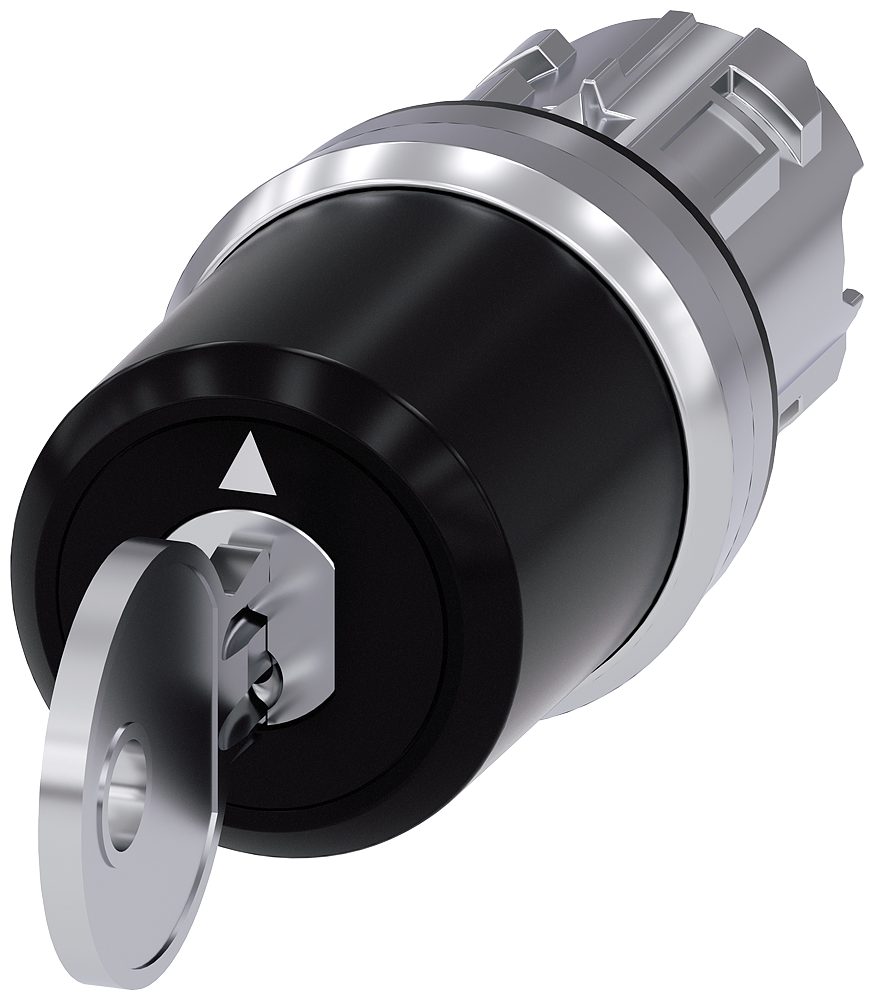 Siemens SIRIUS Siemens keyswitch, C, 22 mm, round, metal, shiny, lock number S-10-CG, with 2 keys, 3 switch positions I-O-II, latching, actuating angle 2X45°, 10:30H/12H/13:30H, key removal I+O+II (3SU1050-5BL11-0AA0)