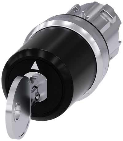 Siemens SIRIUS Siemens keyswitch, C, 22 mm, round, metal, shiny, lock number S-10-CG, with 2 keys, 3 switch positions I-O-II, latching, actuating angle 2X45°, 10:30H/12H/13:30H, key removal I+O+II