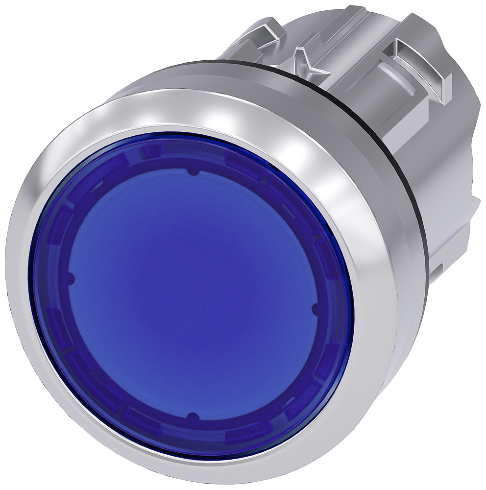 Siemens SIRIUS Illuminated pushbutton, 22 mm, round, metal, shiny, blue, pushbutton, flat, momentary contact type (3SU1051-0AB50-0AA0)