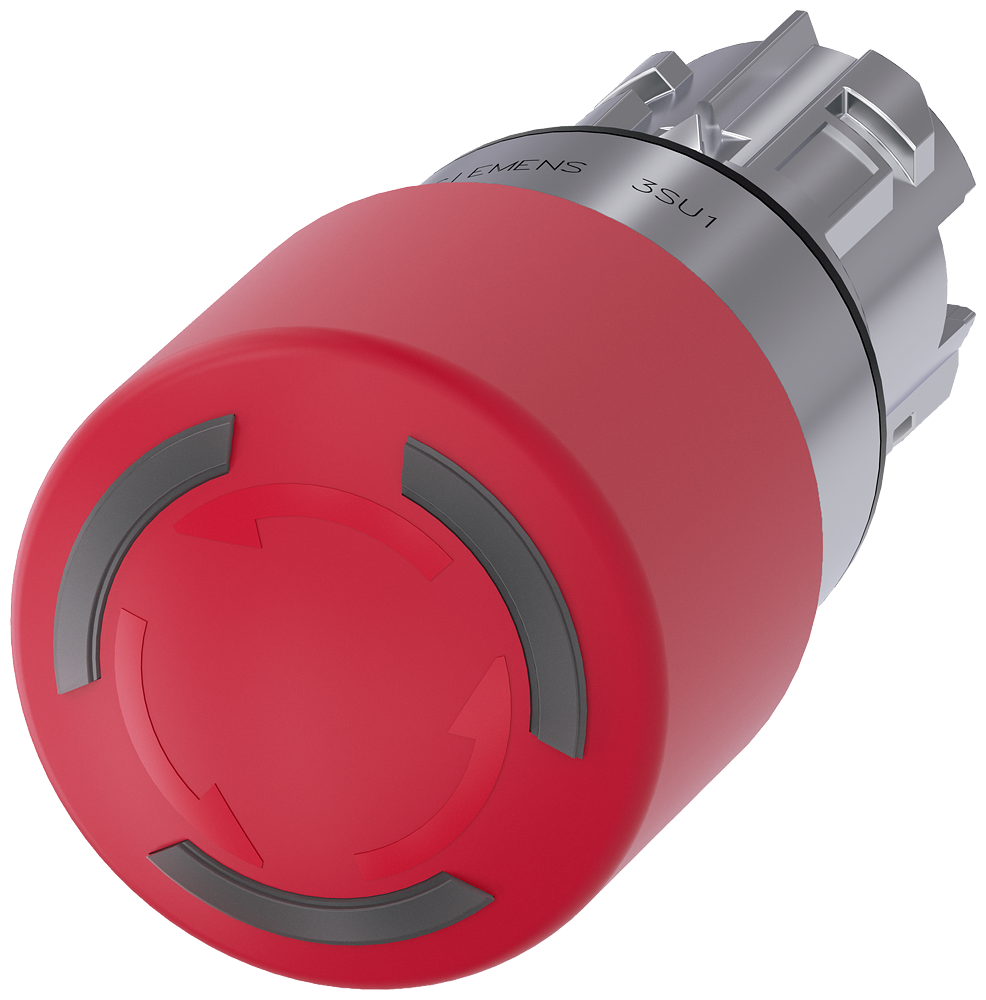 Siemens SIRIUS ACT EMERGENCY STOP mushroom pushbutton, illuminable, 22 mm, round, metal, shiny, red, 30 mm, positive latching, acc. to EN ISO 13850, rotate-to-unlatch (3SU1051-1GB20-0AA0)
