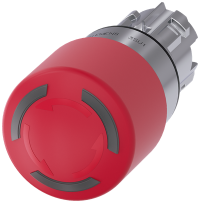 Siemens SIRIUS ACT EMERGENCY STOP mushroom pushbutton, illuminable, 22 mm, round, metal, shiny, red, 30 mm, positive latching, acc. to EN ISO 13850, rotate-to-unlatch