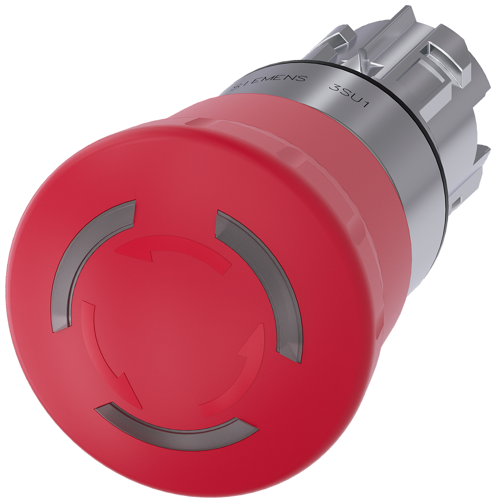 Siemens SIRIUS ACT EMERGENCY STOP mushroom pushbutton, illuminable, 22 mm, round, metal, shiny, red, 40 mm, positive latching, acc. to EN ISO 13850, rotate-to-unlatch (3SU1051-1HB20-0AA0)