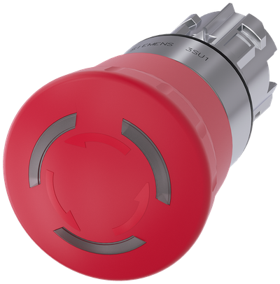 Siemens SIRIUS ACT EMERGENCY STOP mushroom pushbutton, illuminable, 22 mm, round, metal, shiny, red, 40 mm, positive latching, acc. to EN ISO 13850, rotate-to-unlatch
