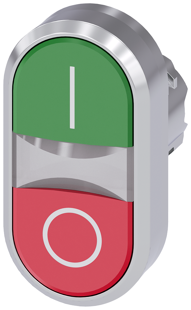 Siemens SIRIUS ACT Illuminated twin pushbutton, 22 mm, round, metal, shiny, green: I, red: O, pushbuttons, flat (3SU1051-3AB42-0AK0)