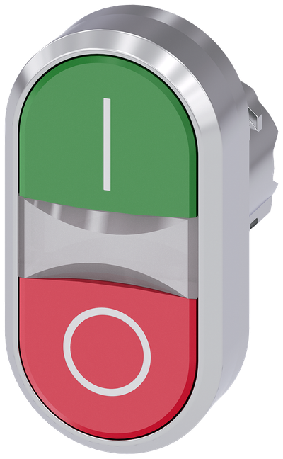 Siemens SIRIUS ACT Illuminated twin pushbutton, 22 mm, round, metal, shiny, green: I, red: O, pushbuttons, flat