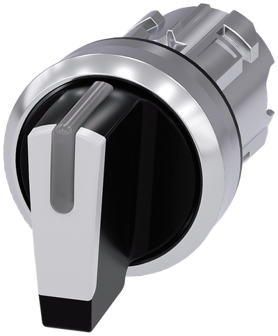 Siemens SIRIUS Selector switch, illuminable, 22 mm, round, metal, shiny, white, selector switch, short, 3 switch positions I-O<II, left latching, right momentary contact type, actuating angle 2X45°, 10:30H/12H/13:30H