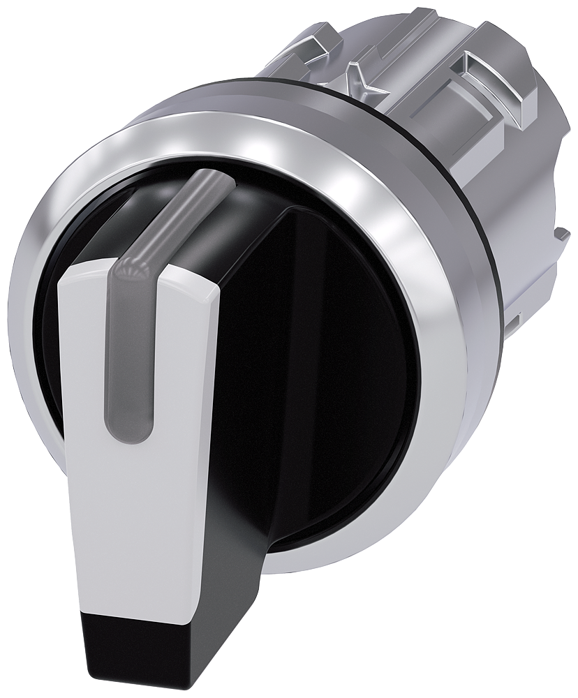 Siemens SIRIUS Selector switch, illuminable, 22 mm, round, metal, shiny, white, selector switch, short, 3 switch positions I>O<II, momentary contact on the left, latching on the right, actuating angle 2X45°, 10:30H/12H/13:30H (3SU1052-2BP60-0AA0)